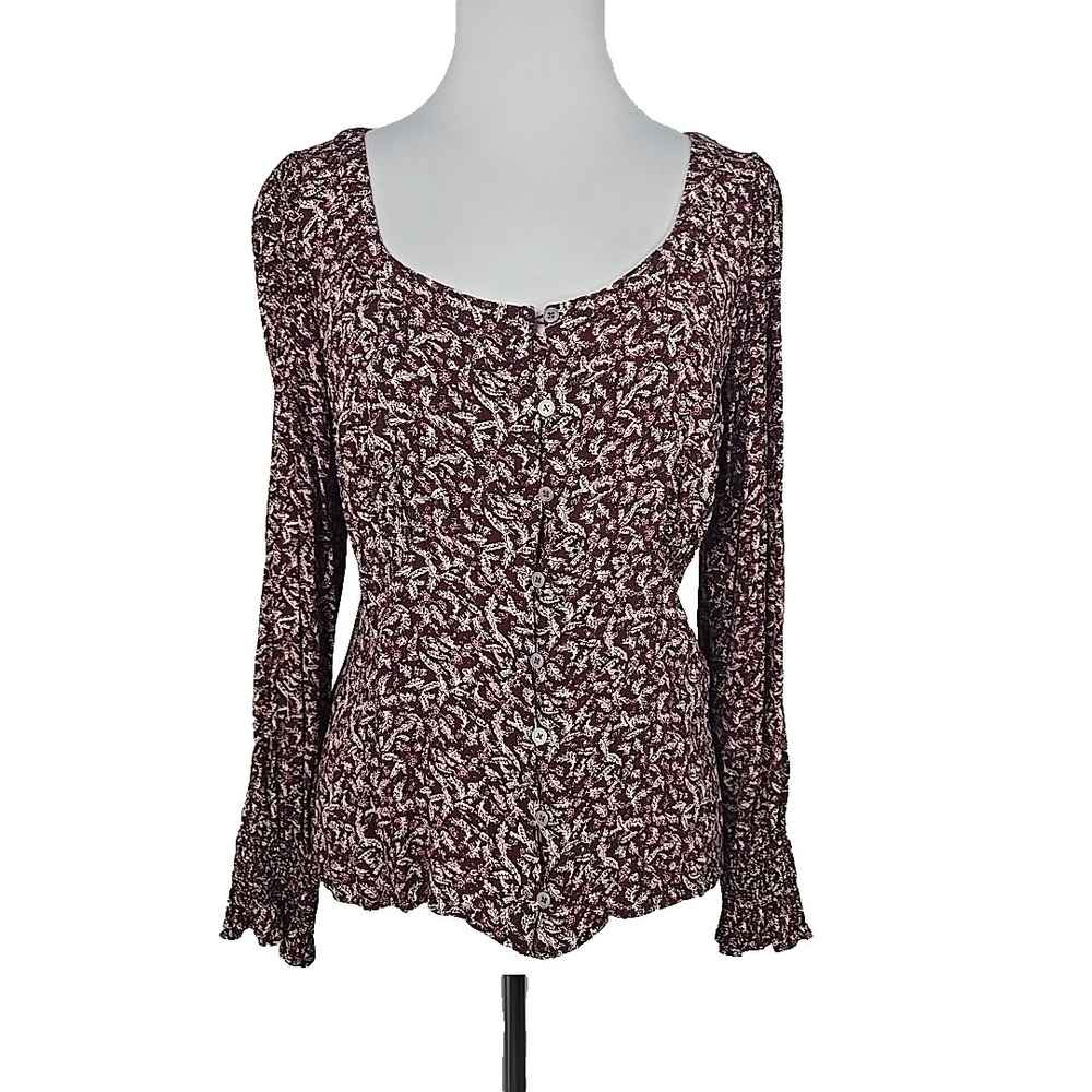 LOFT Maroon Floral Long Sleeve Rayon Button Front Blouse Top Large
